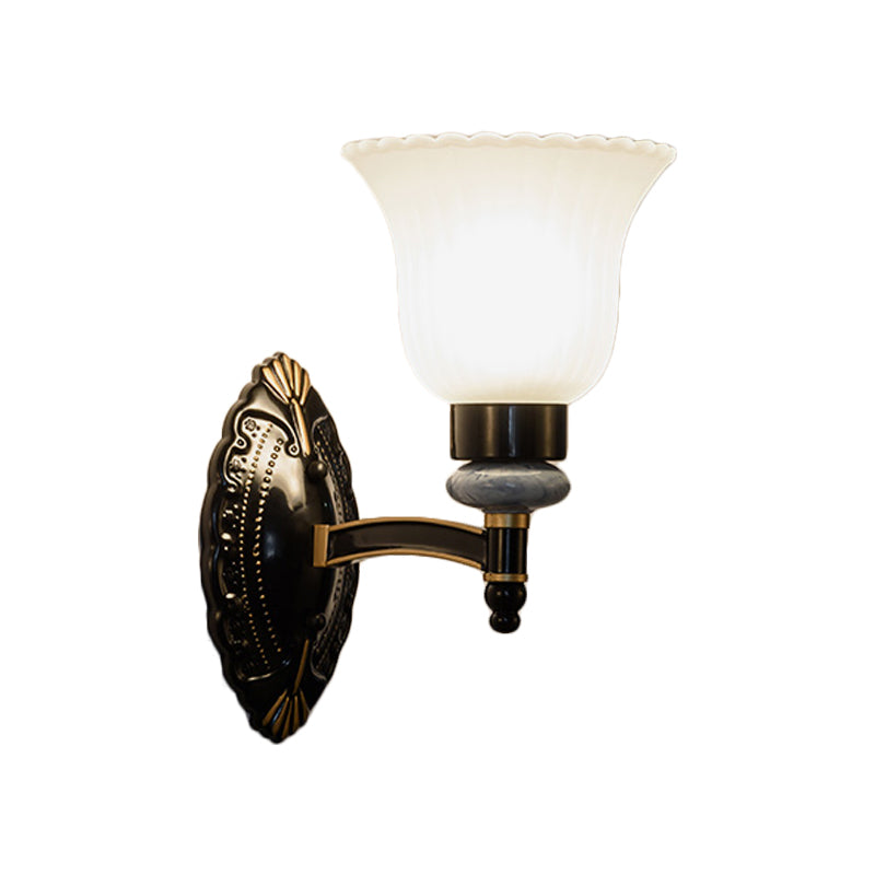 Country Bell Wall Mount Light Fixture 1/2-Light Frosted Glass Sconce Lighting in Black