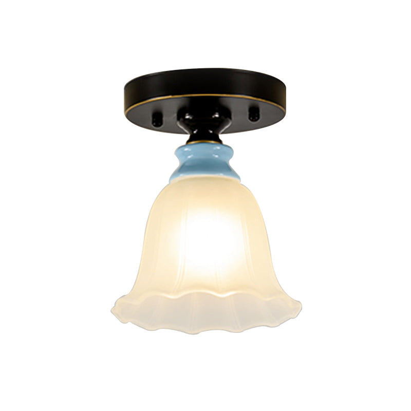 Frosted Glass Flared Flushmount Rural Style 1 Head Corridor Flush Mount Light in Black