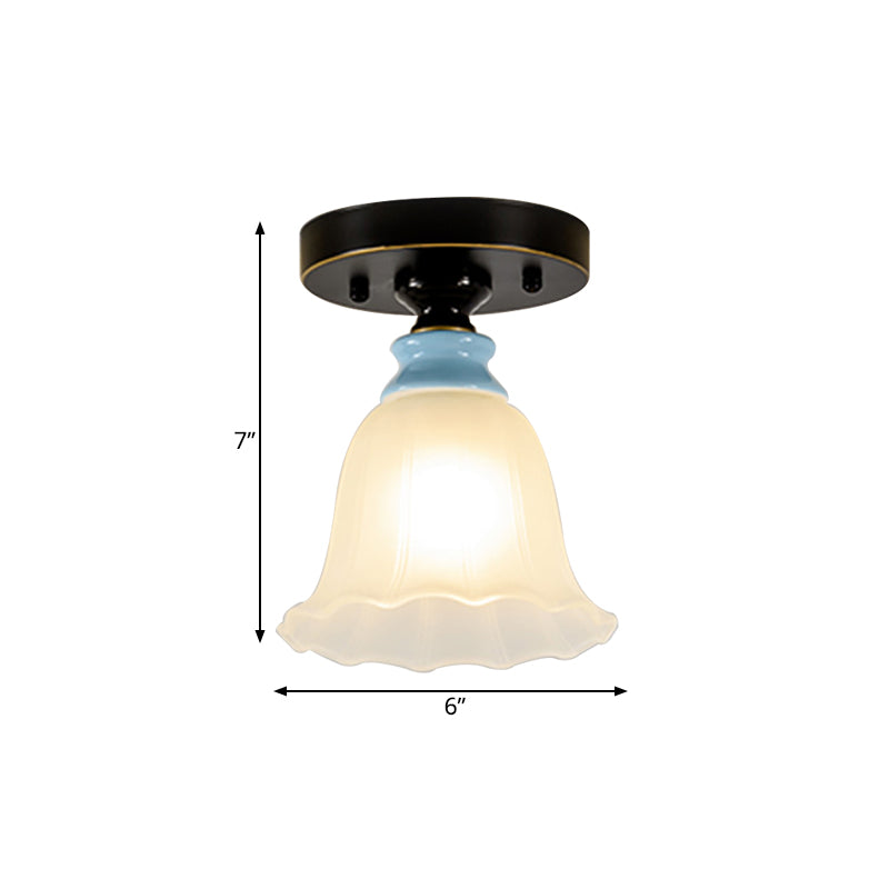 Frosted Glass Flared Flushmount Rural Style 1 Head Corridor Flush Mount Light in Black