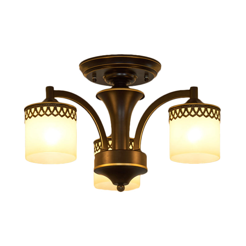 3/6 Bulbs Cylinder Semi Mount Lighting Classic Black Finish Tan Glass Ceiling Light Fixture with Twisted Arm