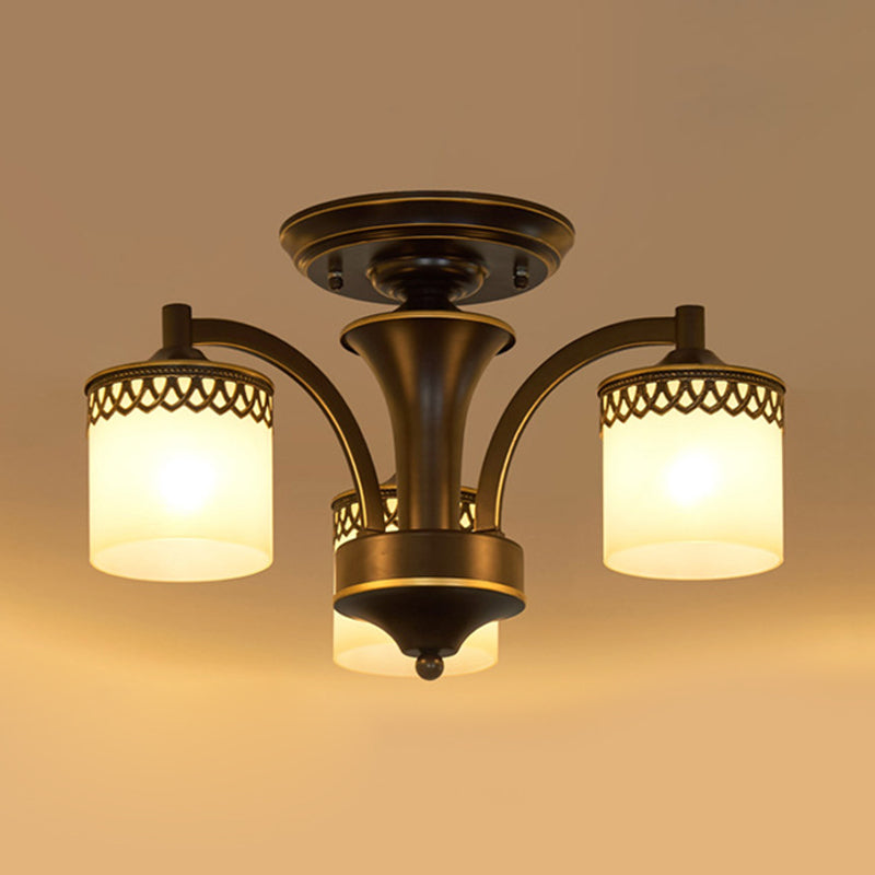 3/6 Bulbs Cylinder Semi Mount Lighting Classic Black Finish Tan Glass Ceiling Light Fixture with Twisted Arm