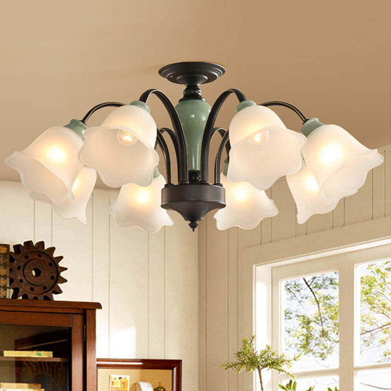 Black Flower Semi Flush Countryside Frosted Glass 3/6/8 Heads Living Room Ceiling Mount with Curved Arm