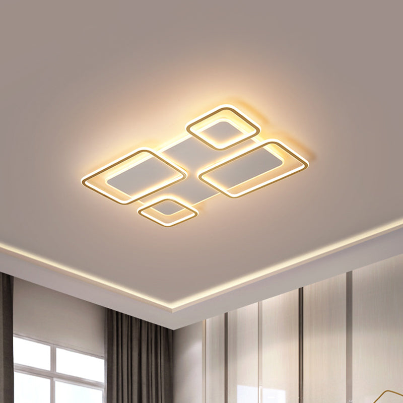 Living Room LED Ceiling Fixture Minimalism White and Gold Flush Mount Light with Rectangle Iron Frame, Warm/White Light
