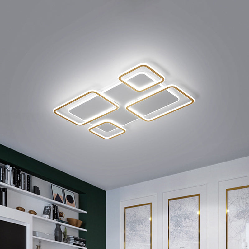 Living Room LED Ceiling Fixture Minimalism White and Gold Flush Mount Light with Rectangle Iron Frame, Warm/White Light