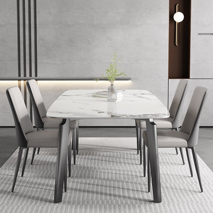 White Modern Rectangular Stone Dining Table with Stainless Steel Base