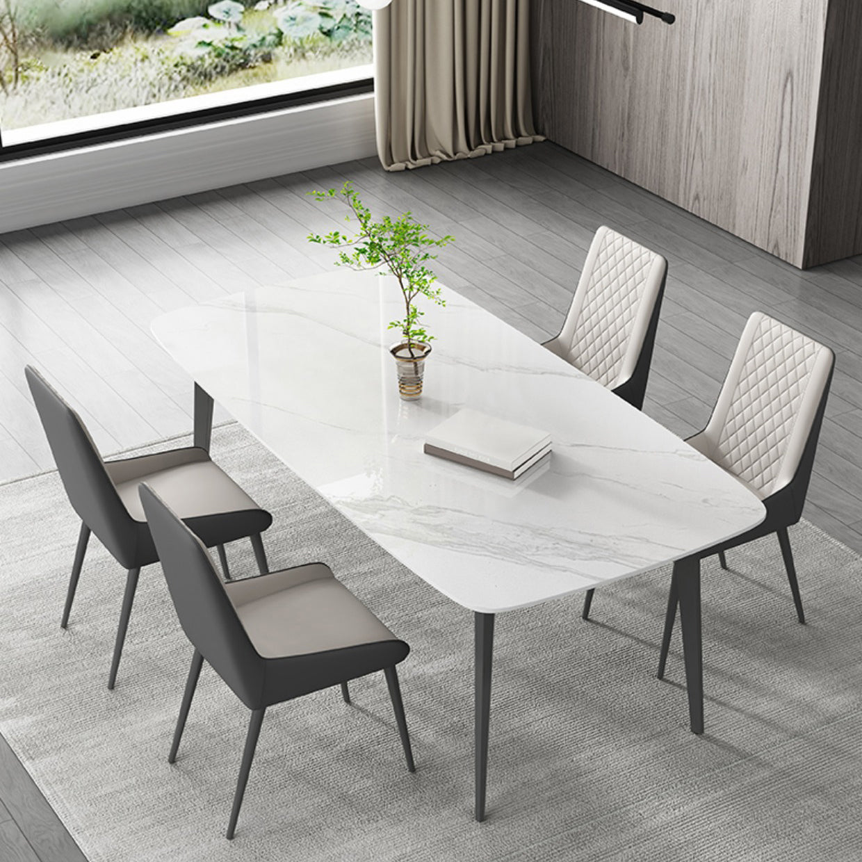Contemporary White Rectangular Stone Dining Table with 4 Steel Foot