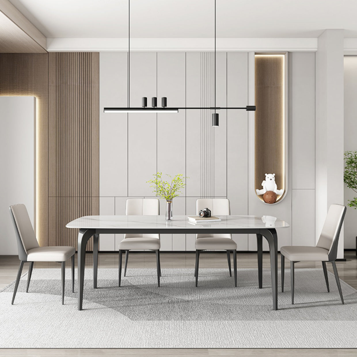 Contemporary White Rectangular Stone Dining Table with 4 Legs