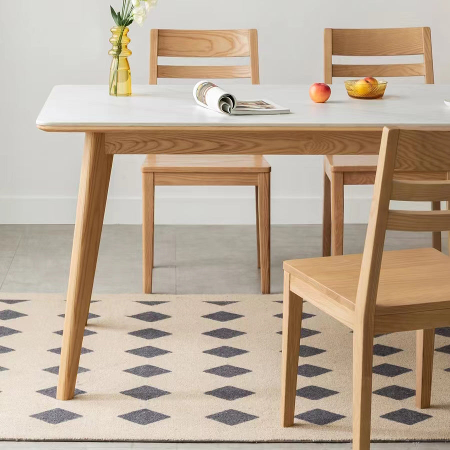 Modern Rectangular White Stone Top Dining Table with 4 Natural Oak Legs