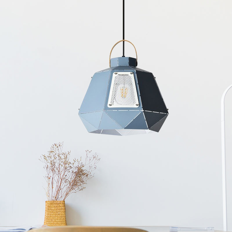 Lámpara colgante de tetera con láser de hierro Macaron de 1 linda iluminación de suspensión negra/gris/azul con pantalla de malla