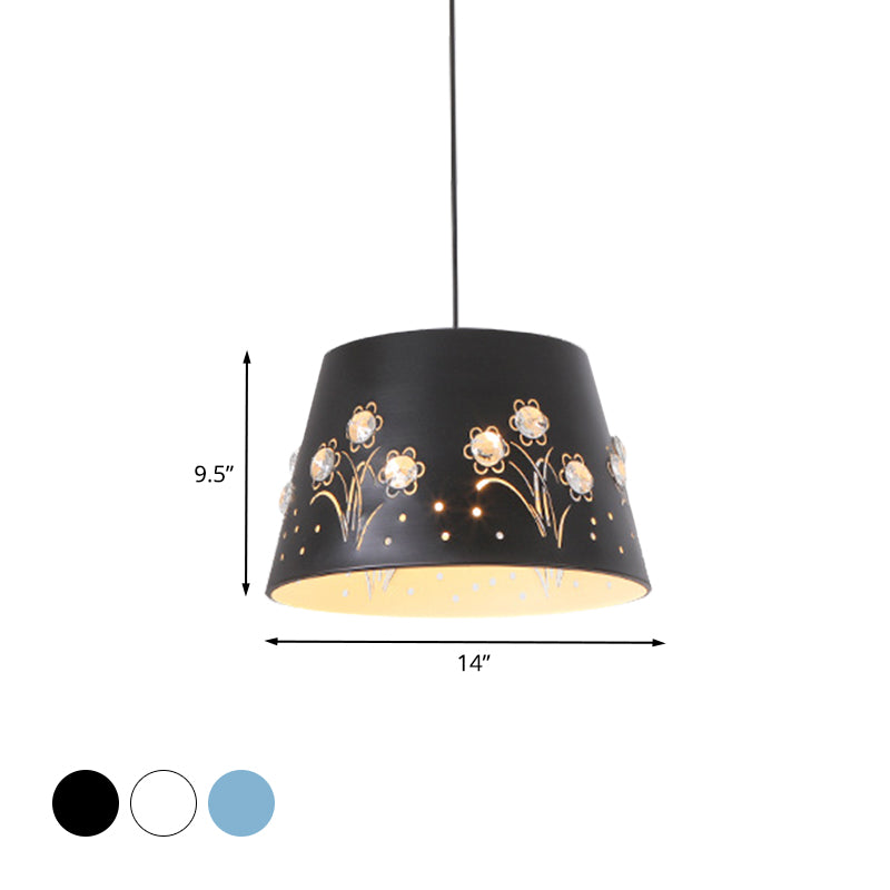 Tapered Hollowed Out Iron Pendant Nordic 1 Head Blue/Black/White Hanging Ceiling Light with Crystal Accent