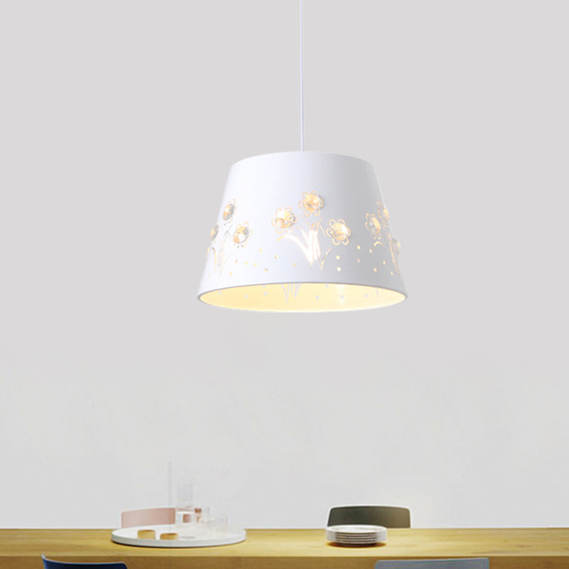 Tapered Hollowed Out Iron Pendant Nordic 1 Head Blue/Black/White Hanging Ceiling Light with Crystal Accent