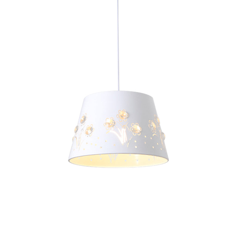 Tapered Hollowed Out Iron Pendant Nordic 1 Head Blue/Black/White Hanging Ceiling Light with Crystal Accent