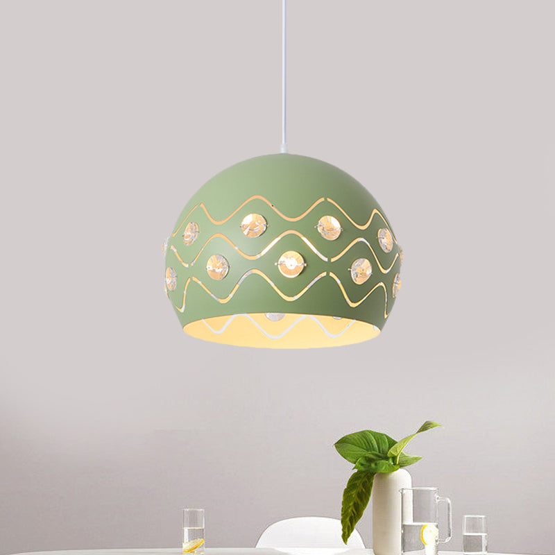 Cutouts Dome Shade Drop Pendant Macaron Iron 1-Light Pink/Blue/Green Suspension Lamp with Embedded Crystal Decor