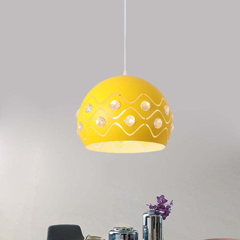 Cutouts Dome Shade Drop Pendant Macaron Iron 1-Light Pink/Blue/Green Suspension Lamp with Embedded Crystal Decor