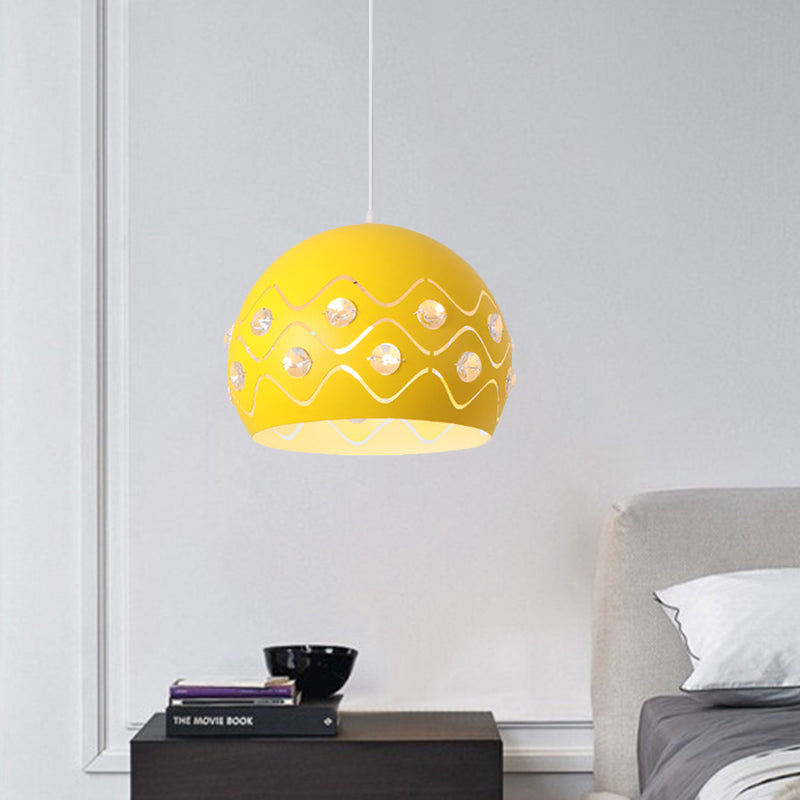 Cutouts Dome Shade Drop Pendant Macaron Iron 1-Light Pink/Blue/Green Suspension Lamp with Embedded Crystal Decor