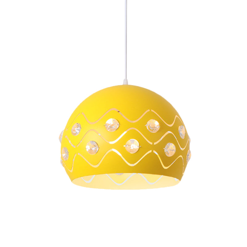 Cutouts Dome Shade Drop Pendant Macaron Iron 1-Light Pink/Blue/Green Suspension Lamp with Embedded Crystal Decor