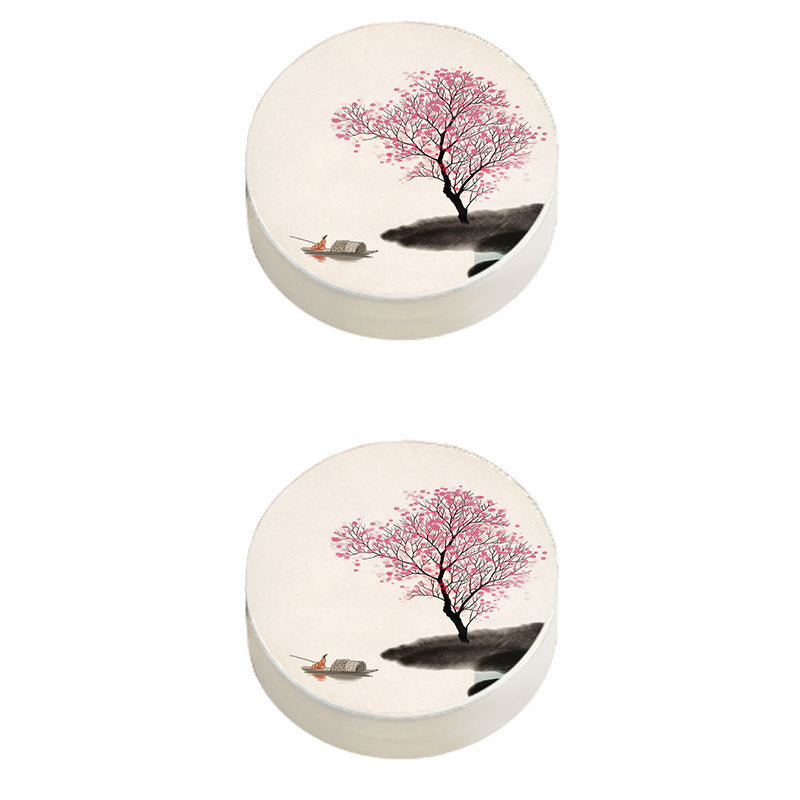 Modern Pouf Ottoman Cotton Upholstered Landscape Painting Round Ottoman