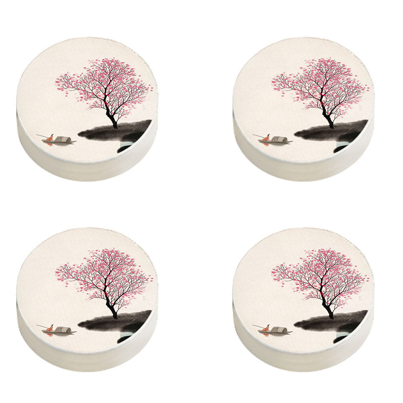 Modern Pouf Ottoman Cotton Upholstered Landscape Painting Round Ottoman