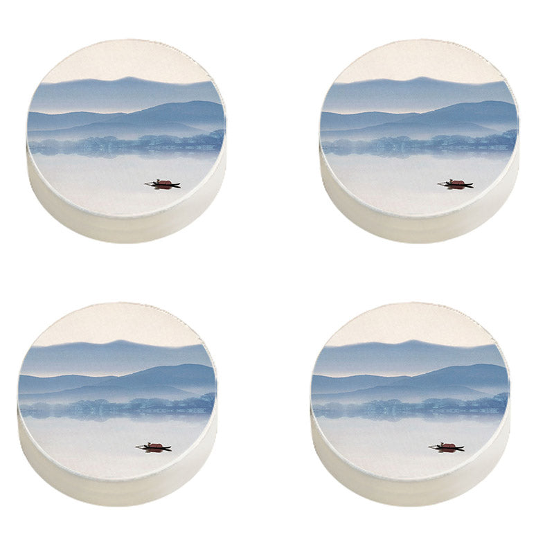 Modern Pouf Ottoman Cotton Upholstered Landscape Painting Round Ottoman