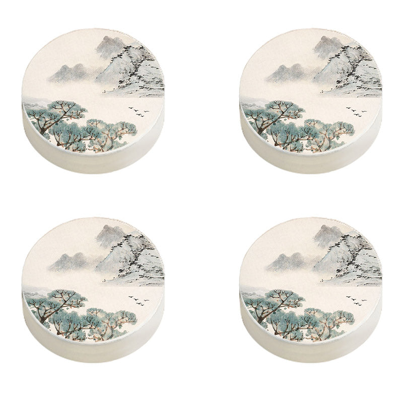 Modern Pouf Ottoman Cotton Upholstered Landscape Painting Round Ottoman