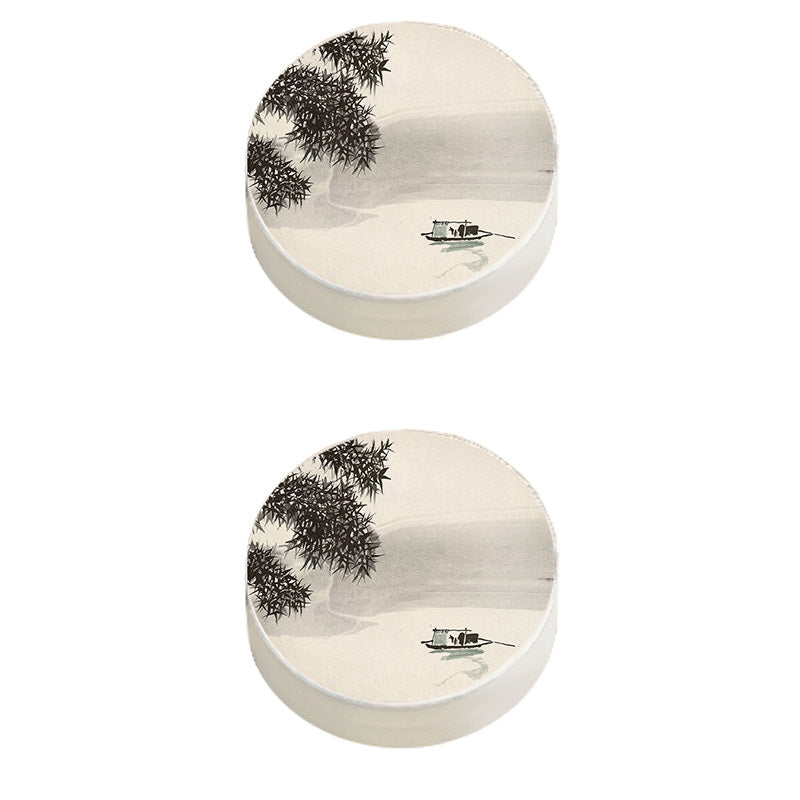 Modern Pouf Ottoman Cotton Upholstered Landscape Painting Round Ottoman