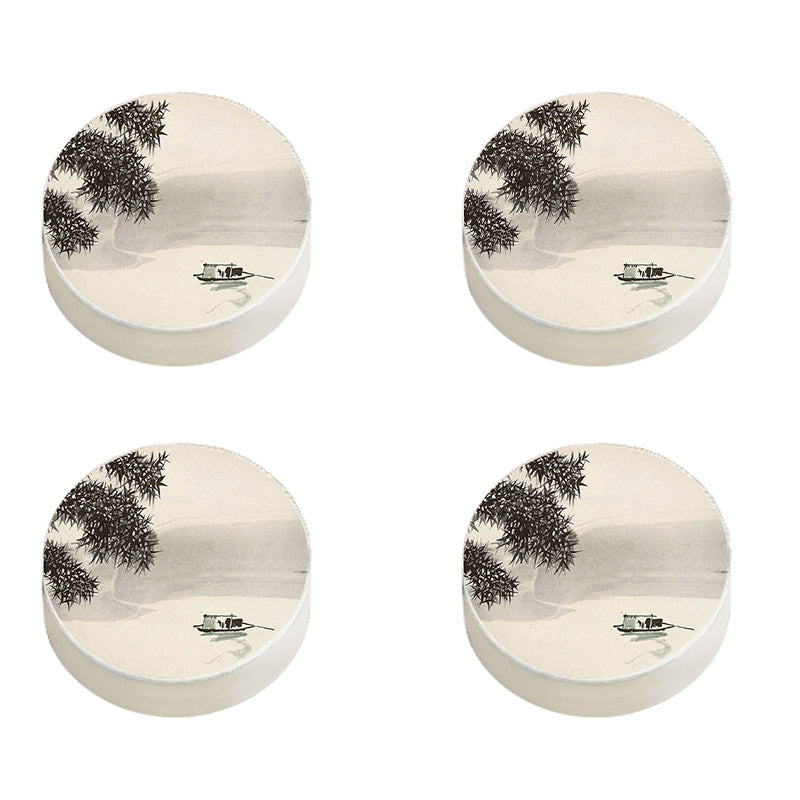 Modern Pouf Ottoman Cotton Upholstered Landscape Painting Round Ottoman