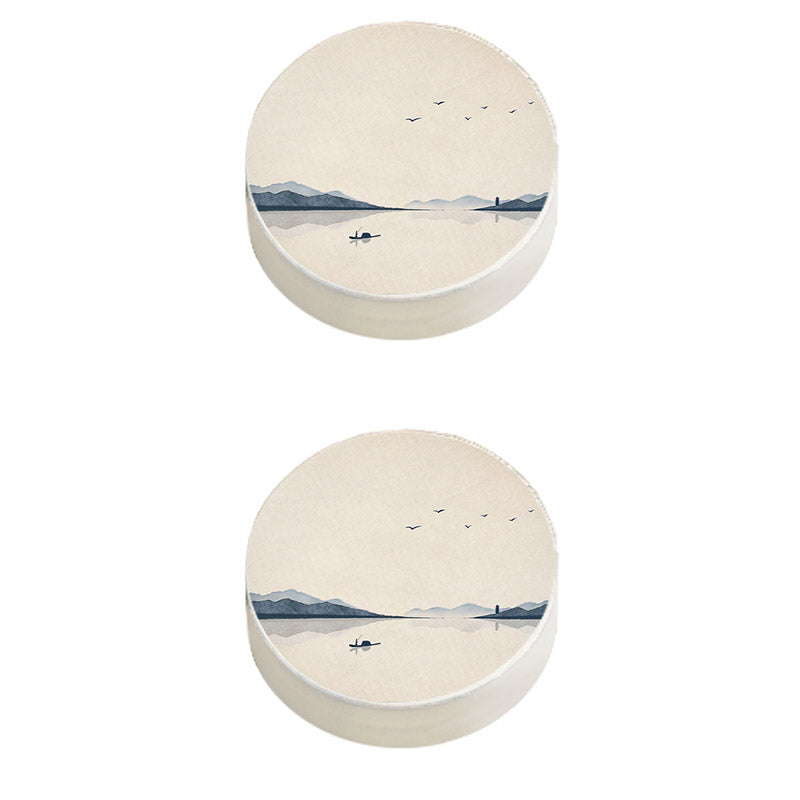 Modern Pouf Ottoman Cotton Upholstered Landscape Painting Round Ottoman