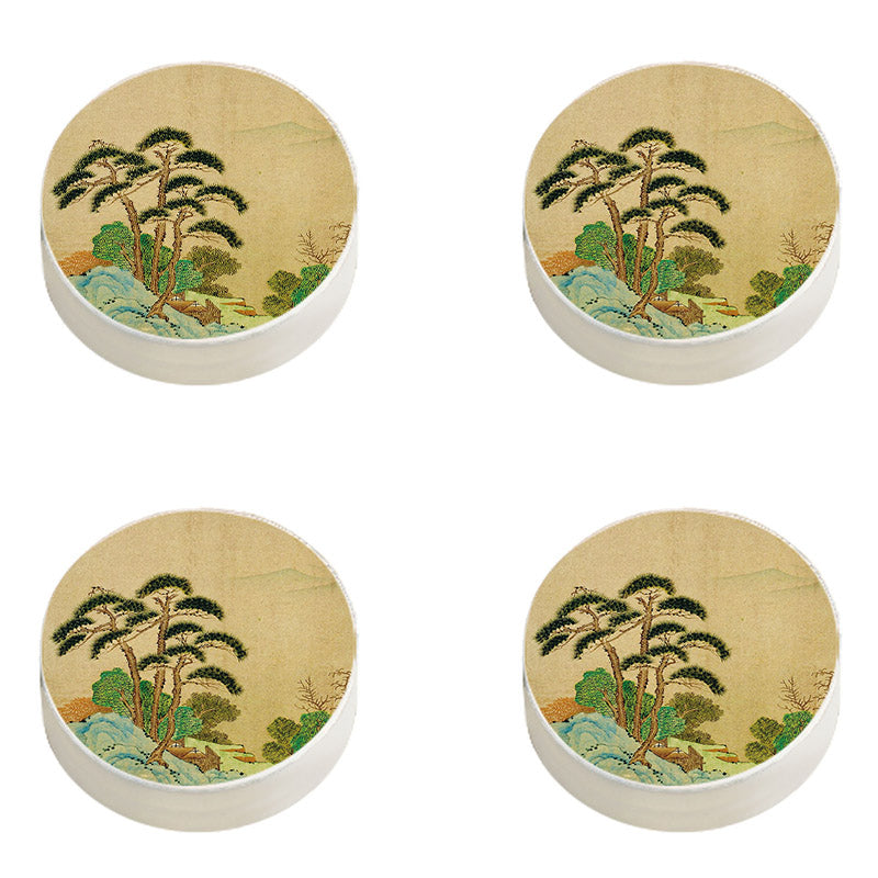 Modern Pouf Ottoman Cotton Upholstered Landscape Painting Round Ottoman