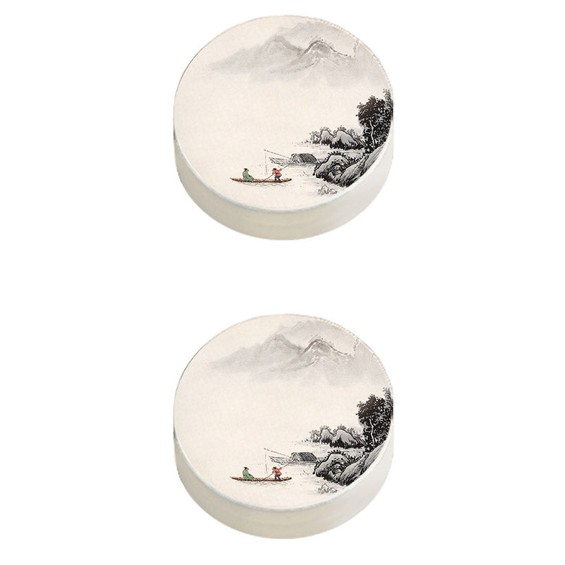 Modern Pouf Ottoman Cotton Upholstered Landscape Painting Round Ottoman