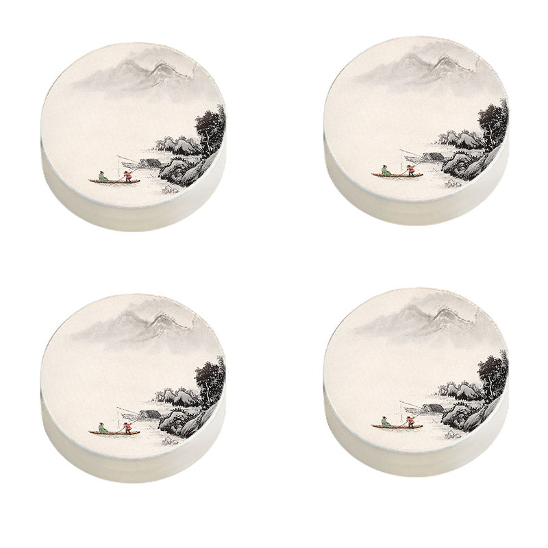 Modern Pouf Ottoman Cotton Upholstered Landscape Painting Round Ottoman