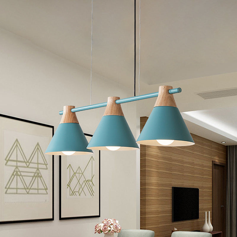 Macaron Cone Iron Hanging Light 3 Heads Island Pendant in Black/White/Blue and Wood over Dining Table
