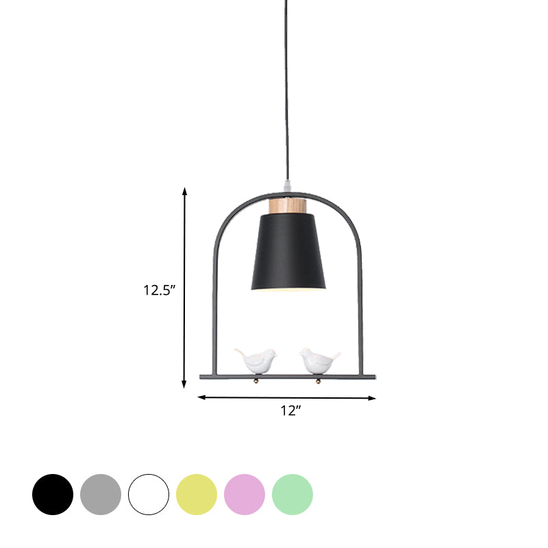 Secchio di ferro Pendulum Light Macaron 1 testa grigio/giallo/rosa kit lampada sospesa con telaio ad arco e decorazioni per uccelli