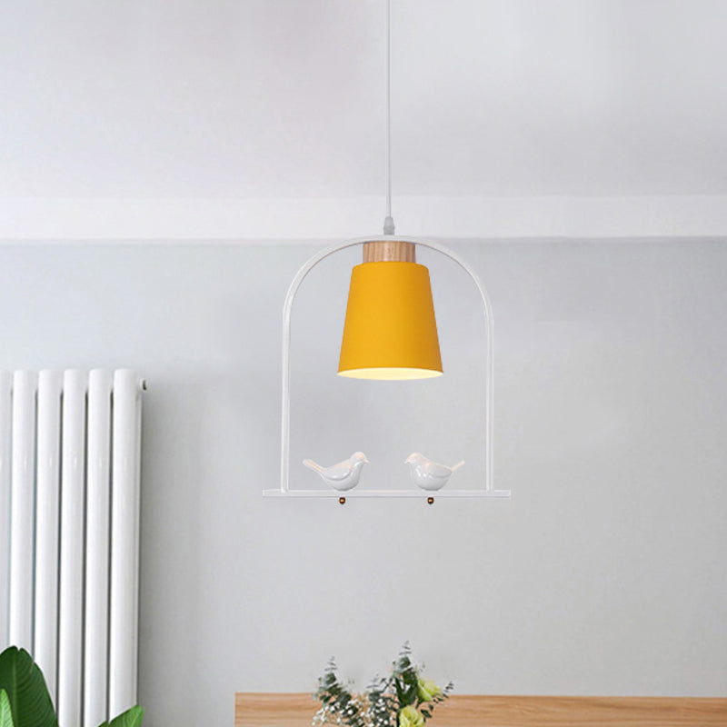 Iron Bucket Pendulum Light Macaron 1 Head Grey/Yellow/Pink Hanging Lamp Kit with Arch Frame and Bird Decor