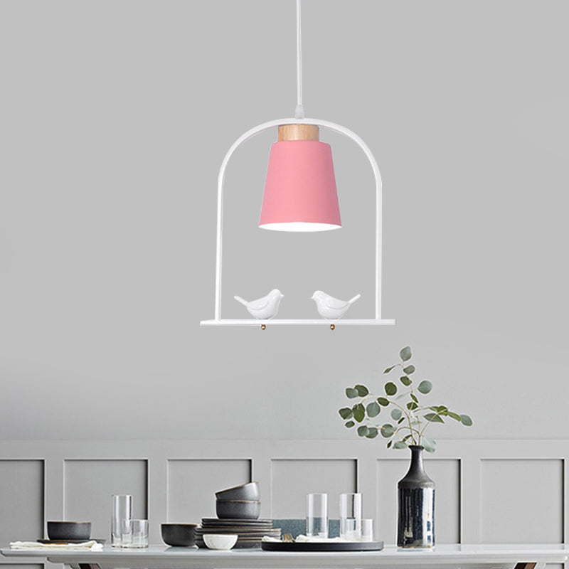Iron Bucket Pendulum Light Macaron 1 Head Grey/Yellow/Pink Hanging Lamp Kit with Arch Frame and Bird Decor