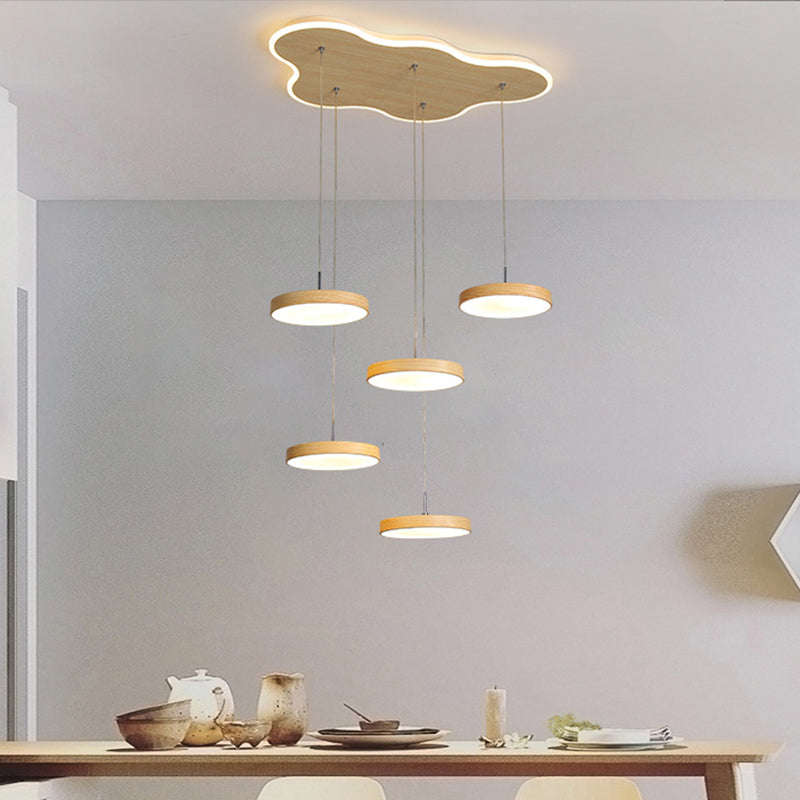 Wood Cluster Disc Pendant Nordic 3/5-Head Metal Hanging Light Fixture with Glowing Canopy
