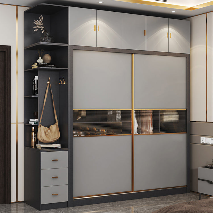 Wooden Sliding Wardrobe Cabinet Grey Wardrobe Armoire with Garment Rod