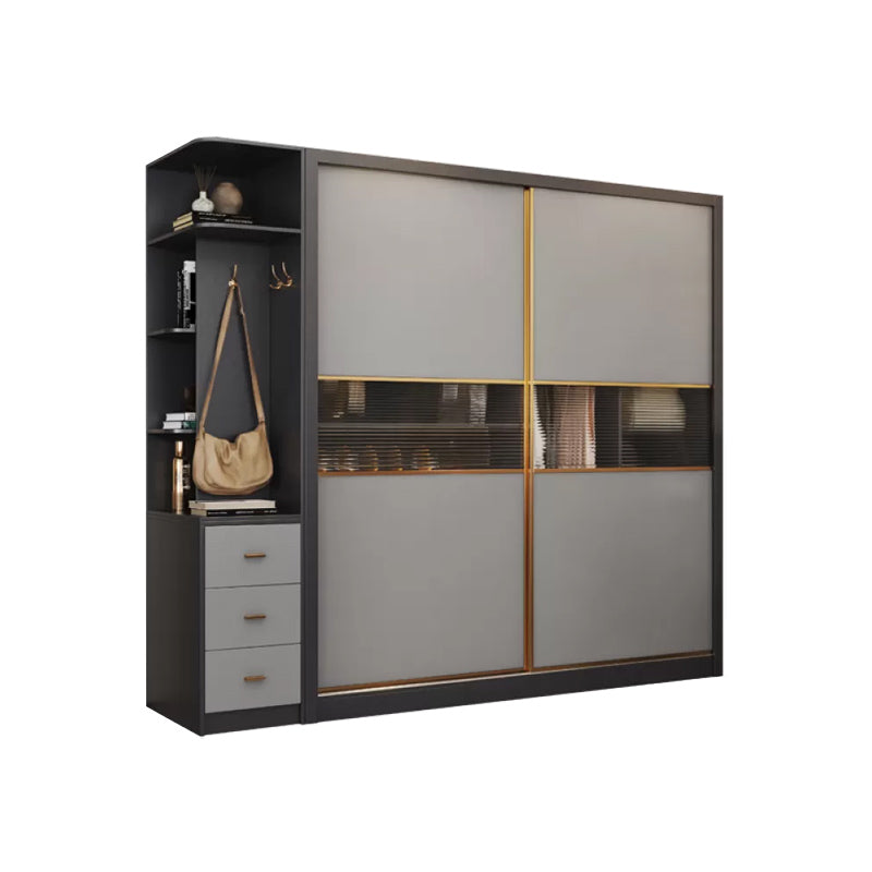 Wooden Sliding Wardrobe Cabinet Grey Wardrobe Armoire with Garment Rod