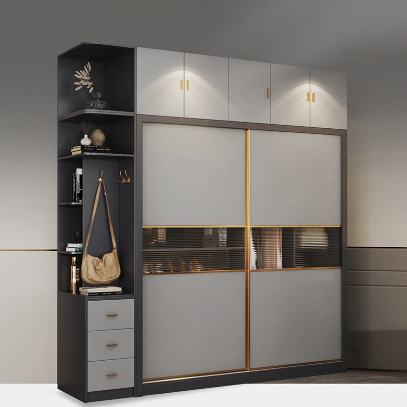 Wooden Sliding Wardrobe Cabinet Grey Wardrobe Armoire with Garment Rod