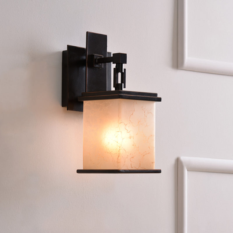 Black 1 Head Wall Lighting Farmhouse Tan Crackled Glass Cuboid Wall Mount Lamp Fixture