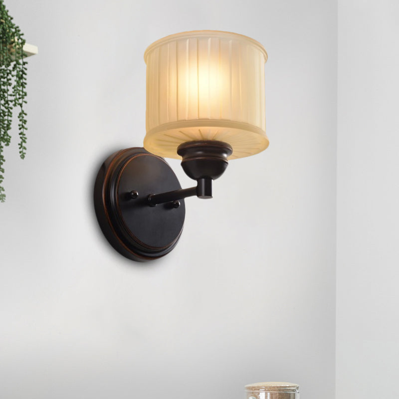 1 Bulb Small Drum Sconce Lighting Country Style Black Finish Tan Glass Wall Mounted Lamp