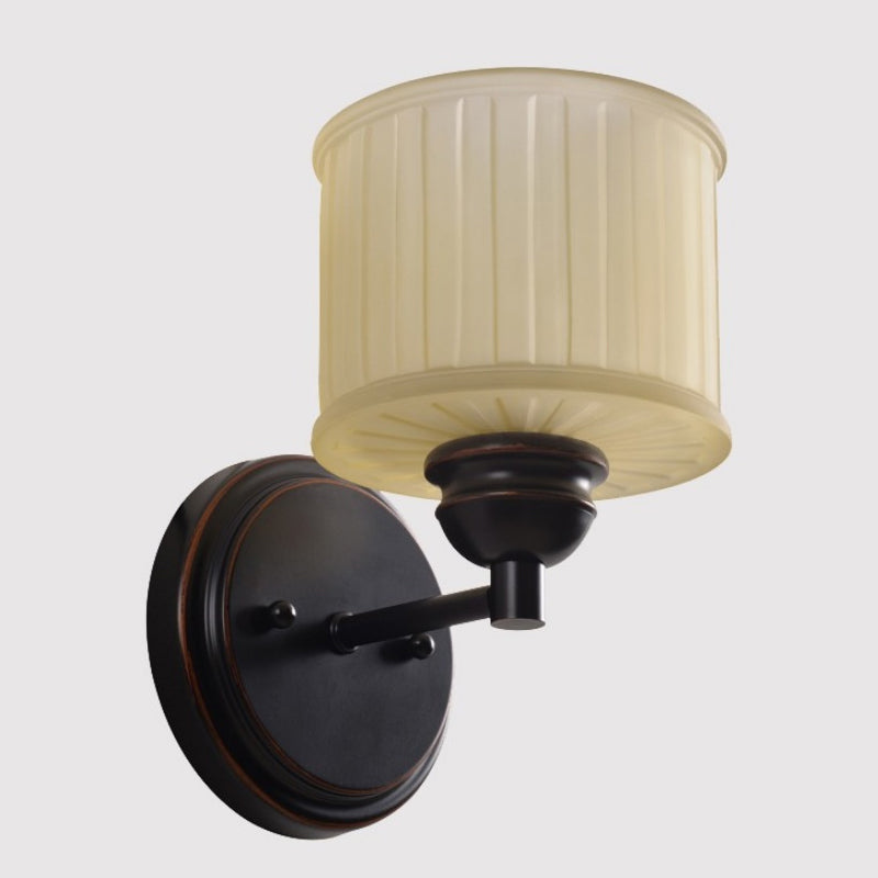 1 Bulb Small Drum Sconce Lighting Country Style Black Finish Tan Glass Wall Mounted Lamp