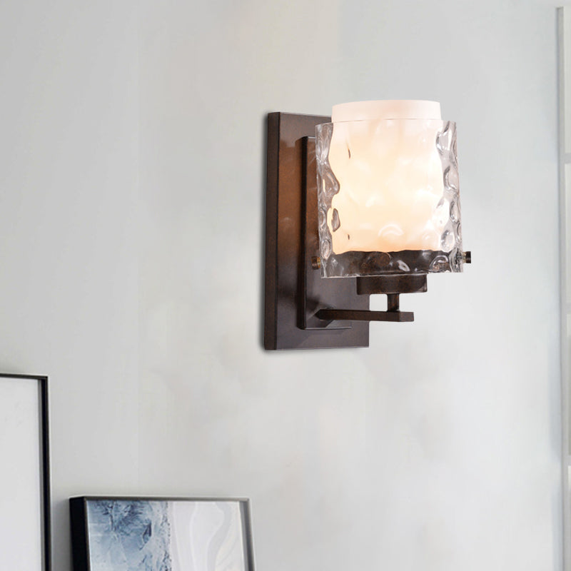 Traditional Cylinder Sconce Lamp Fixture 1-Light Clear Water Glass Wall Lighting in Black with White Shade Inner
