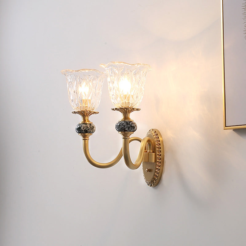 Post Modern Flower Wall Sconce Lighting 1/2-Head Clear Glass Wall Lamp Fixture in Brass