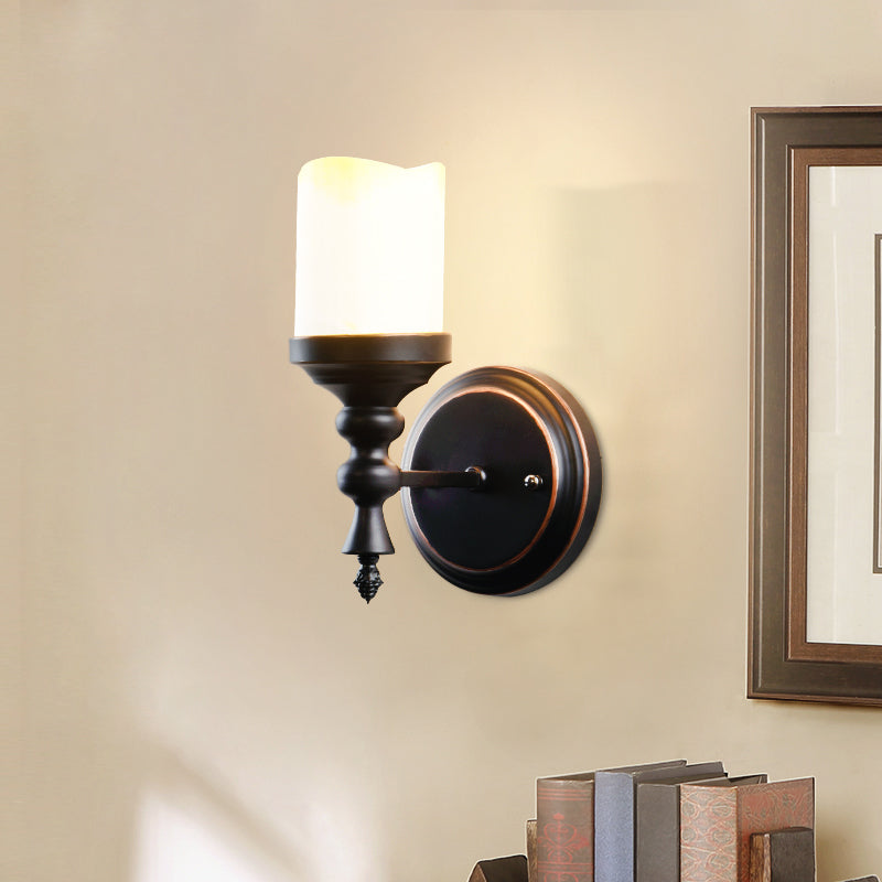 Opal Glass Candle Wall Light Sconce Antiqued 1 Light Indoor Wall Lamp Fixture in Black