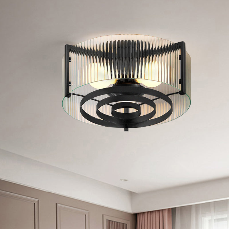 Clear Trellis/Stripe Glass Round Flushmount Modernist 3 Bulbs Bedroom Flush Mounted Light in Black