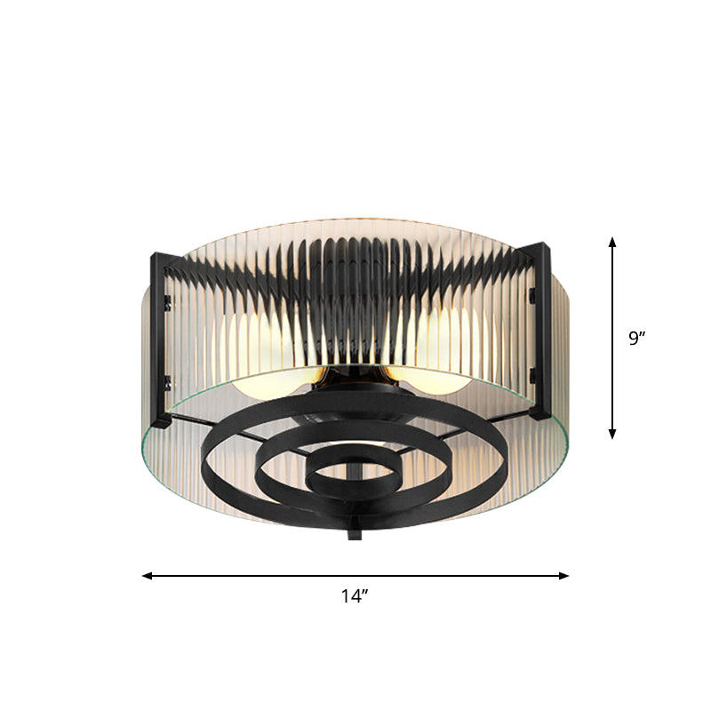 Clear Trellis/Stripe Glass Round Flushmount Modernist 3 Bulbs Bedroom Flush Mounted Light in Black