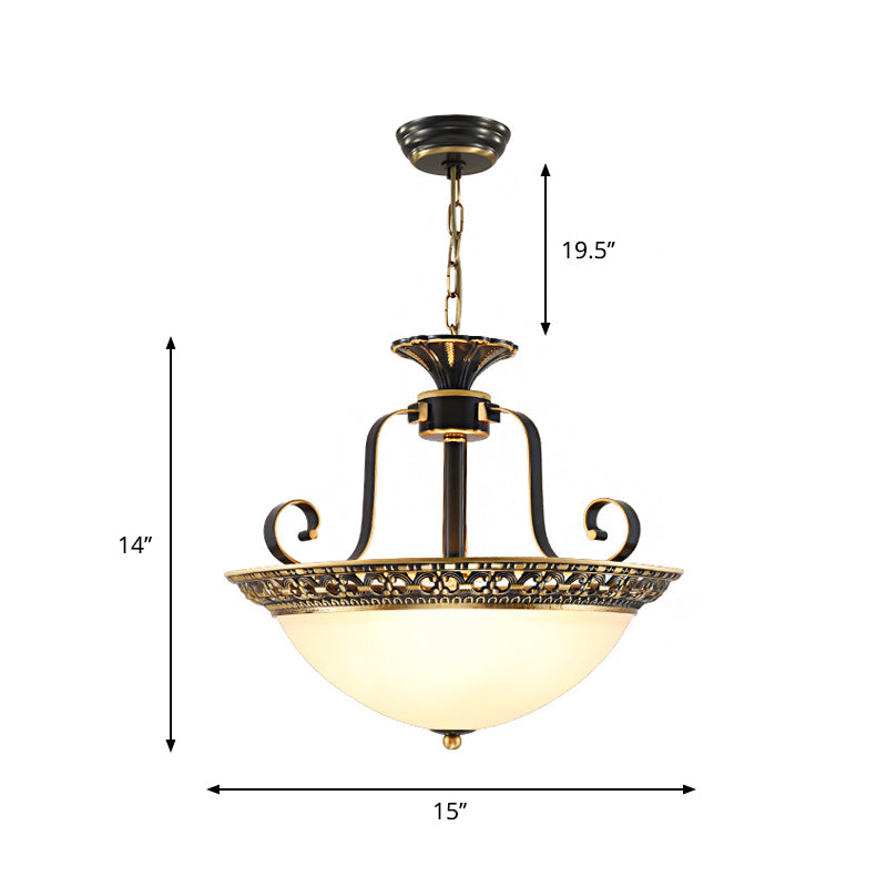 Domed Opal Glass Ceiling Chandelier Traditional 3 Lights Dining Room Suspension Lamp in Brass
