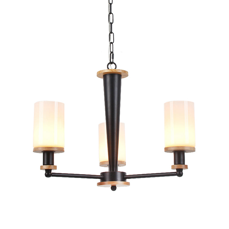 Traditionele cilindrische hanger kroonluchter 3/5/6 koppen wit glas radiaal hangend plafondlicht in zwart