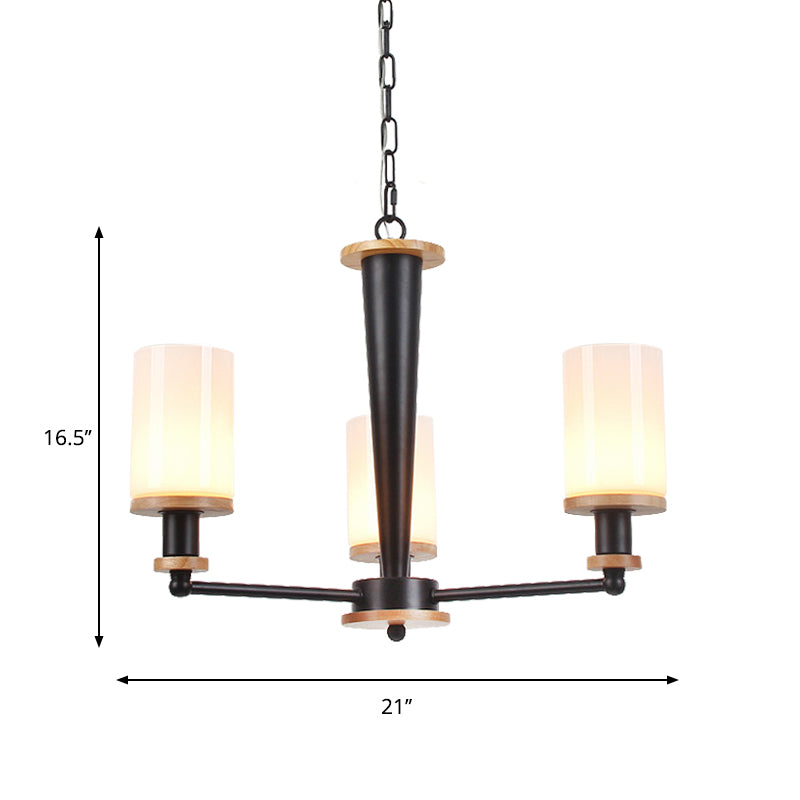 Traditionele cilindrische hanger kroonluchter 3/5/6 koppen wit glas radiaal hangend plafondlicht in zwart