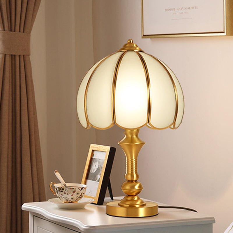 1 Light Night Table Lamp Traditional Bedroom Night Light with Scalloped Dome White Glass Shade in Brass